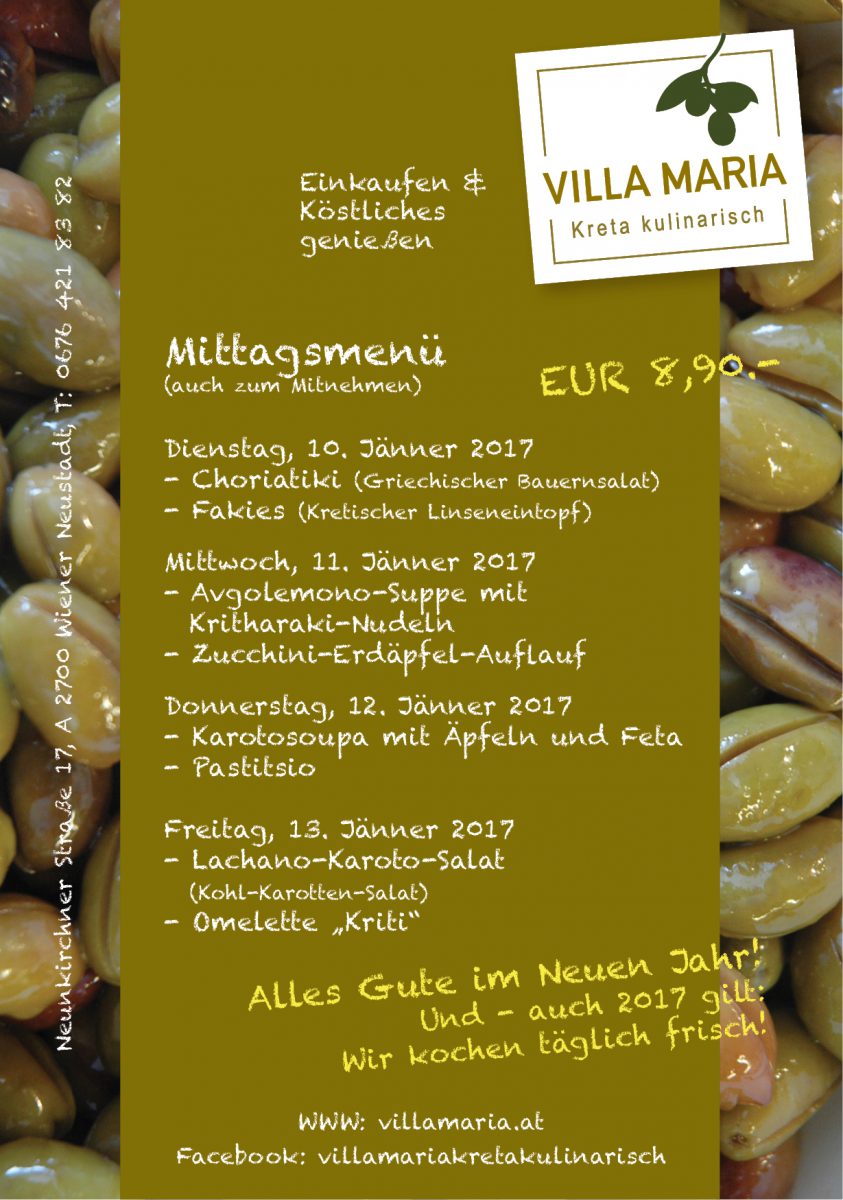 Der Villa Maria – Wochenmenüplan für den Jahresbeginn