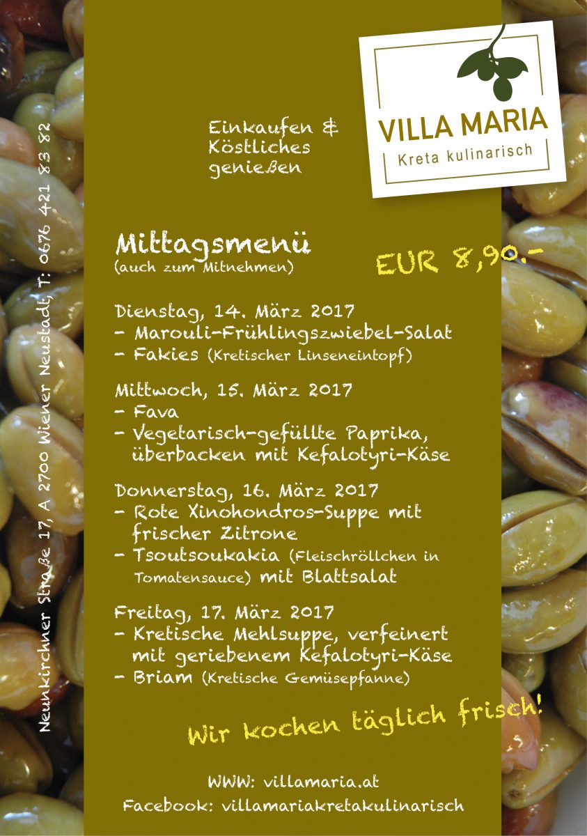 Genuss bei Villa Maria – der Mittagsmenüplan für diese Woche