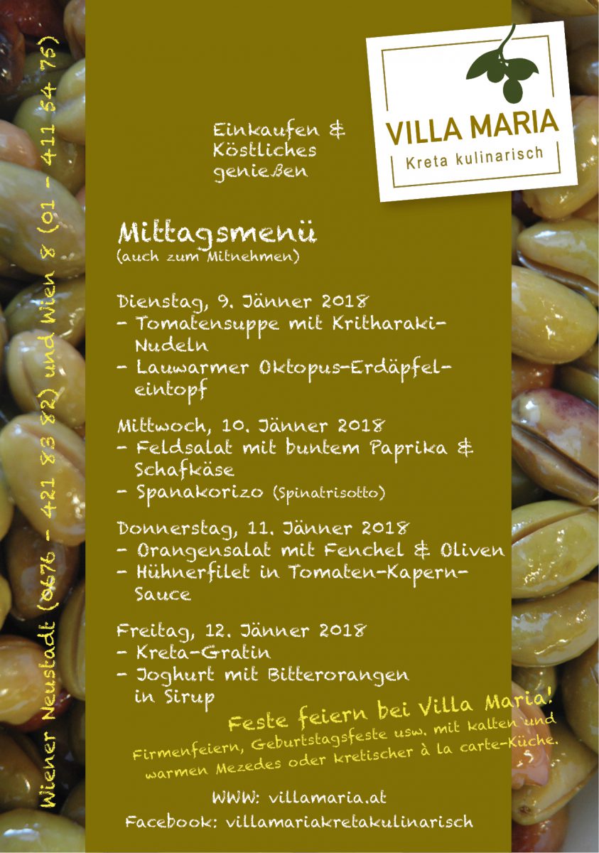 Unsere Villa Maria-Mittagsmenüs in Wien 8 und Wiener Neustadt