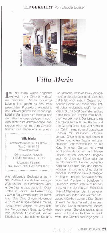 Villa Maria in der „Wiener Zeitung“…