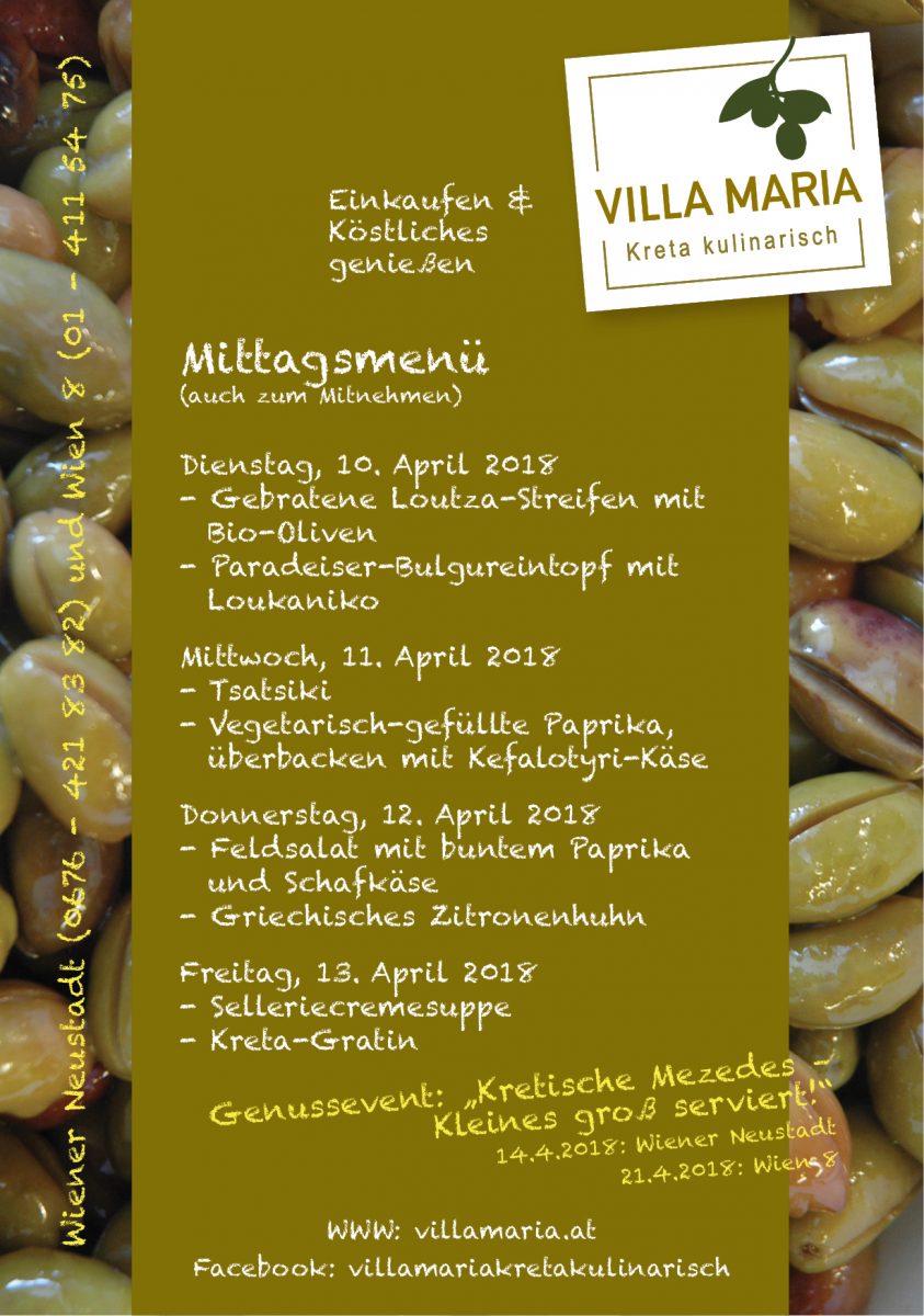 Der Villa Maria – Mittagstisch für diese Woche…