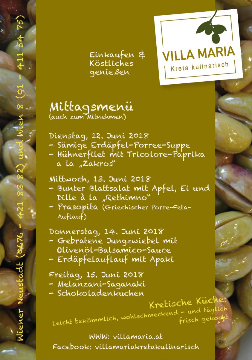 Die sommerlichen Villa Maria – Mittagsmenüs der kommenden Woche…