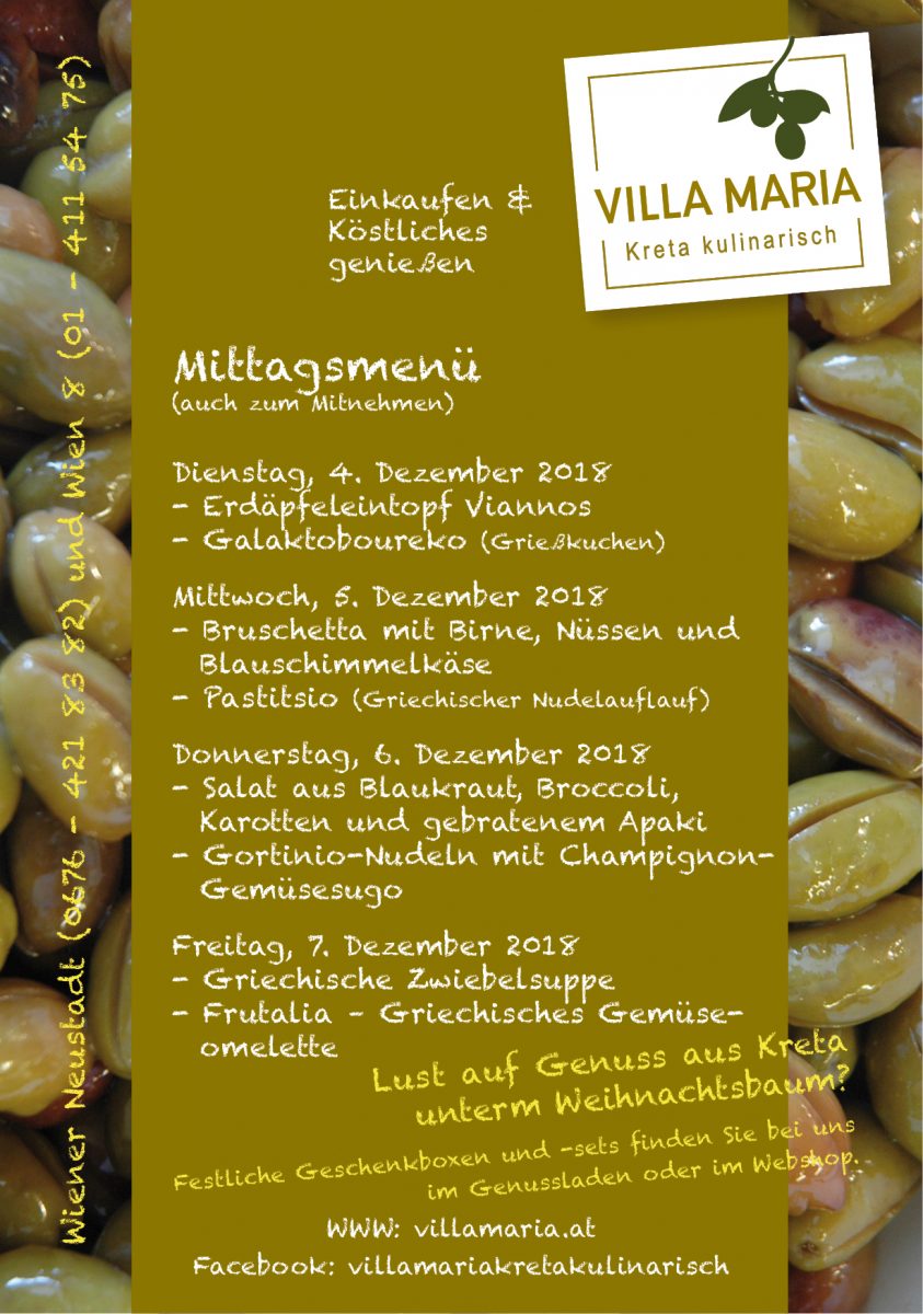 Unsere Villa Maria – Mittagsmenüs der ersten Adventwoche