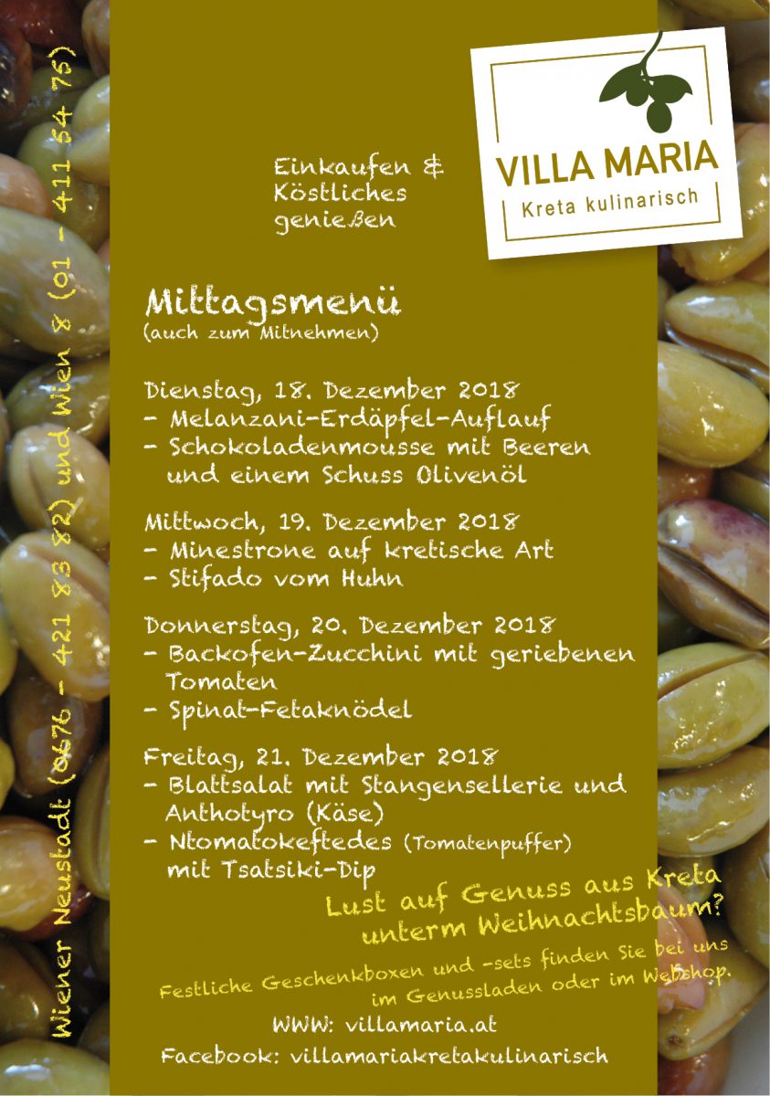 Die Villa Maria – Mittagsmenüs der letzten Adventwoche