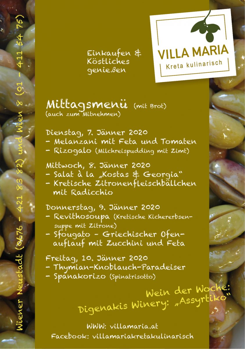 Unsere Villa Maria – Mittagsmenüs in der ersten Arbeitswoche des neuen Jahrzehnts…