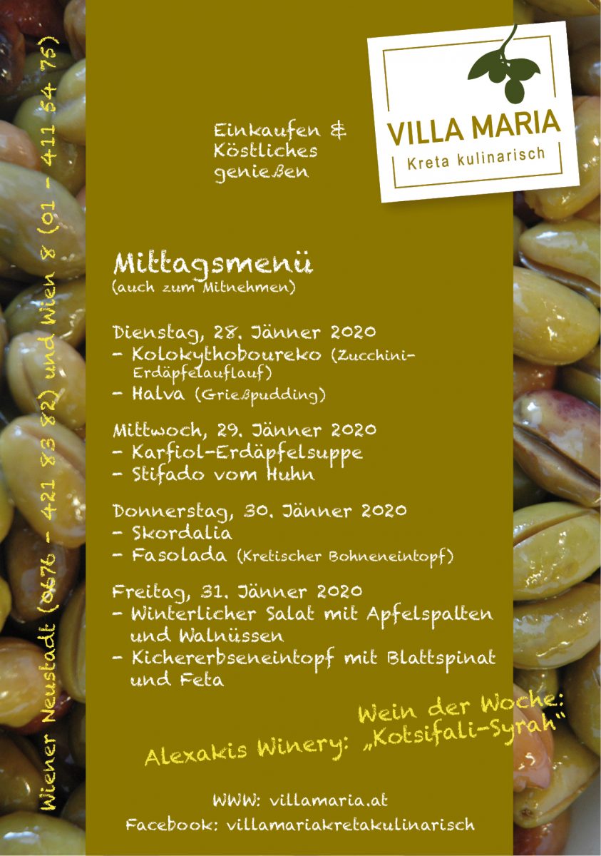 Die Villa Maria – Mittagsmenüs der letzten Jännerwoche.