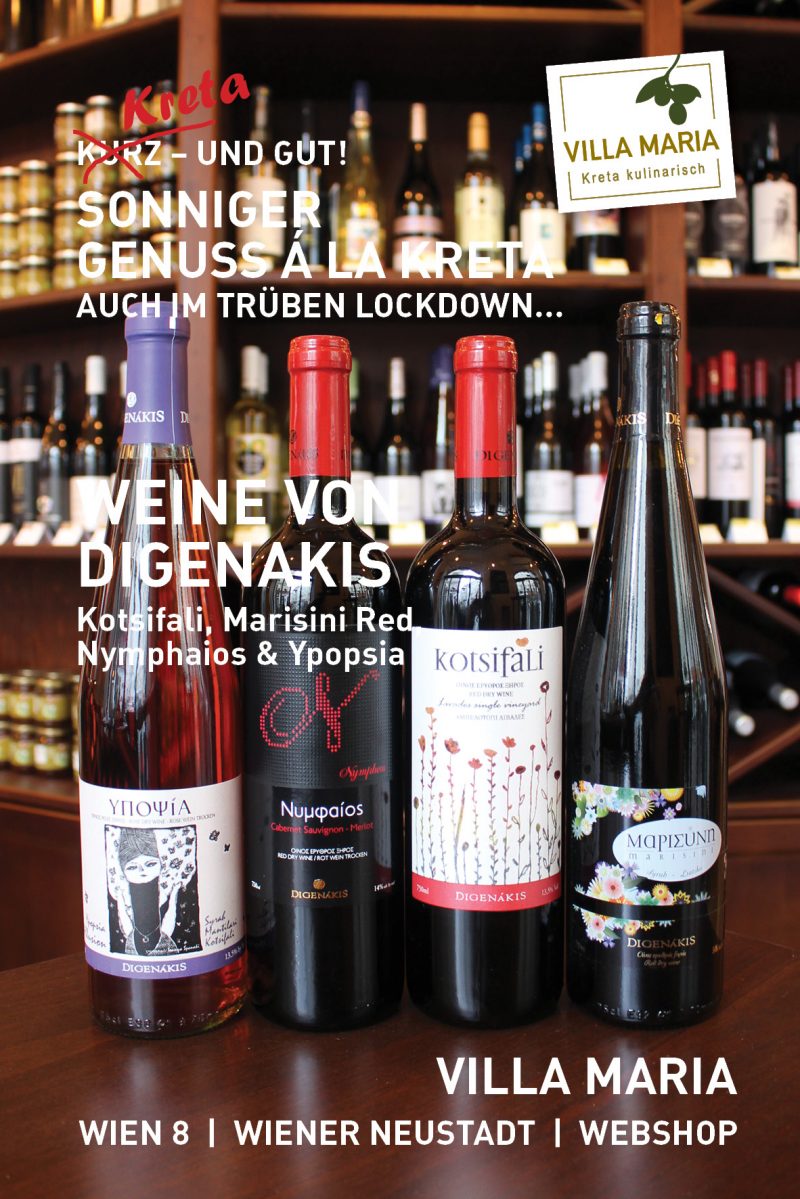 Sonniger Genuss á la Kreta – auch im trüben Lockdown…  Heute: Digenakis Winery – Kotsifali, Marisini Red, Nymphaios & Ypopsia