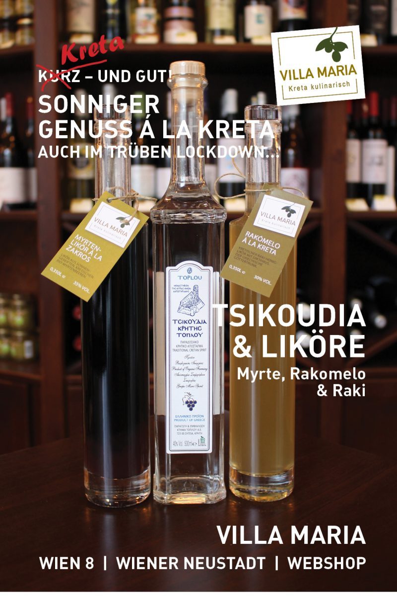 Sonniger Genuss á la Kreta – auch im trüben Lockdown…  Heute: Moni Toplou & Villa Maria – Tsikoudia & Liköre