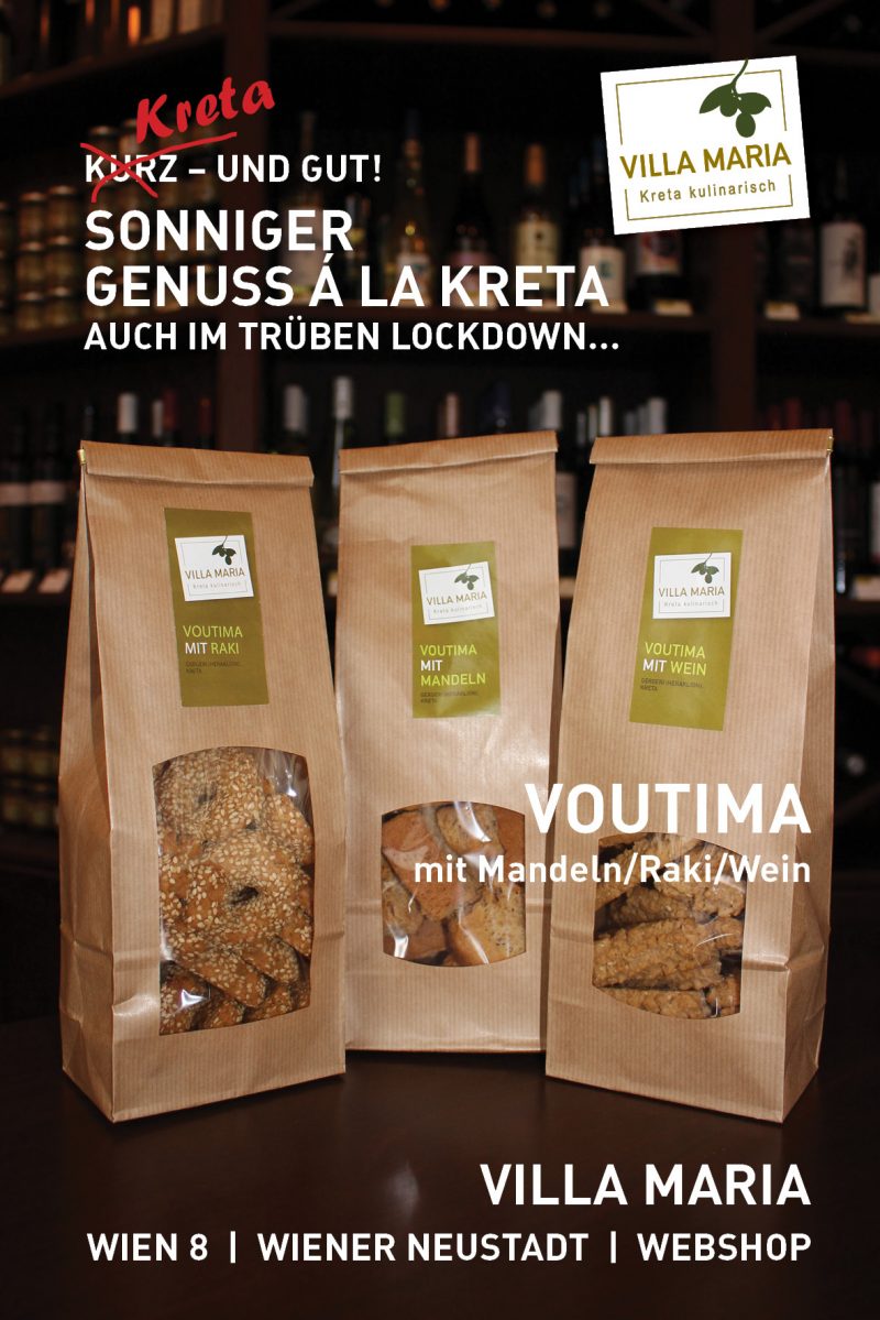 Sonniger Genuss á la Kreta – auch im trüben Lockdown…  Heute: Villa Maria – Voutima mit Mandeln, Raki oder Wein