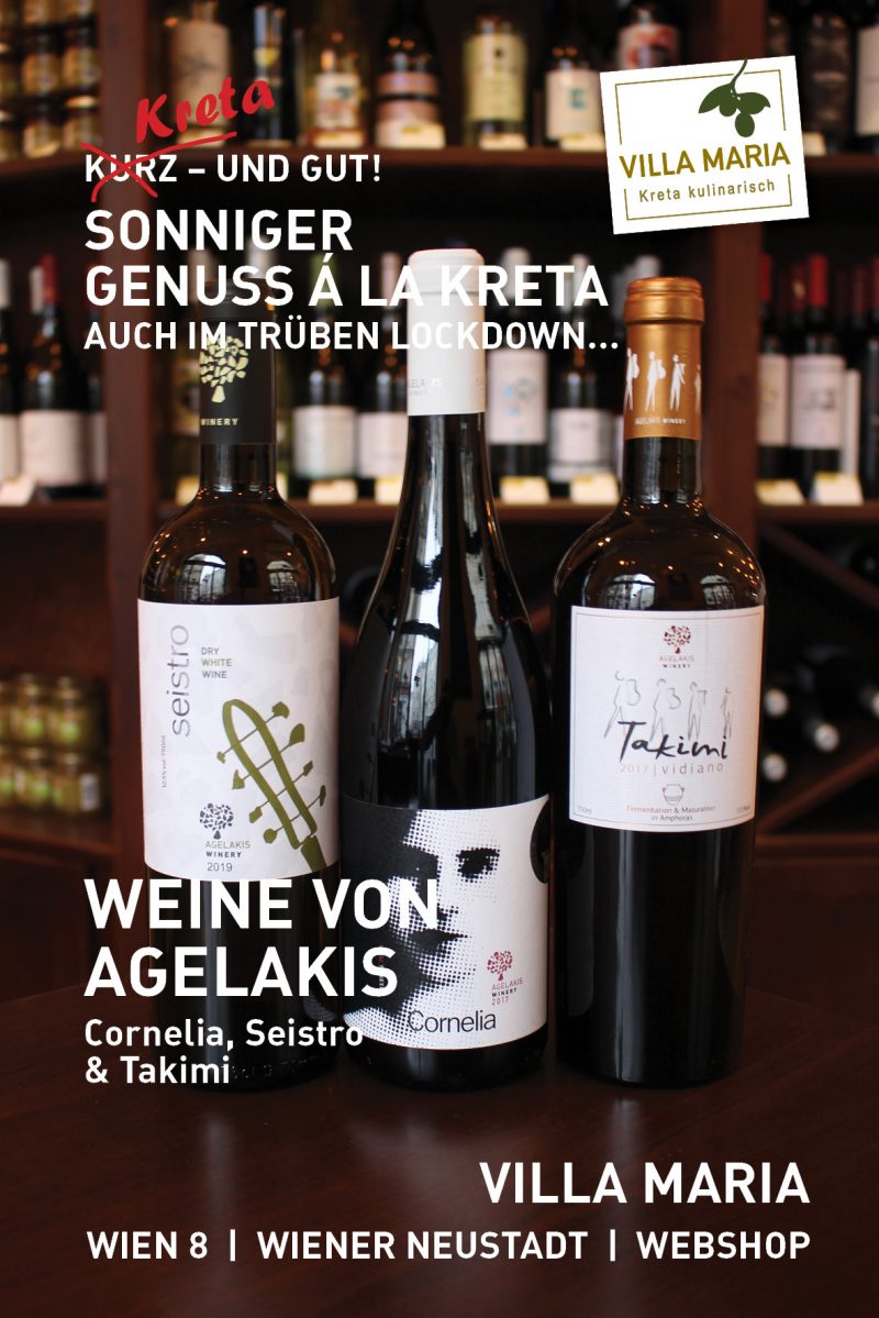 Sonniger Genuss á la Kreta – auch im trüben Lockdown…  Heute: Agelakis Winery – Cornelia, Seistro & Takimi