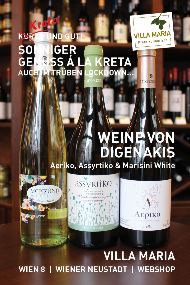 Sonniger Genuss á la Kreta – auch im trüben Lockdown…  Heute: Digenakis Winery – Aeriko, Assyrtiko & Marisini White