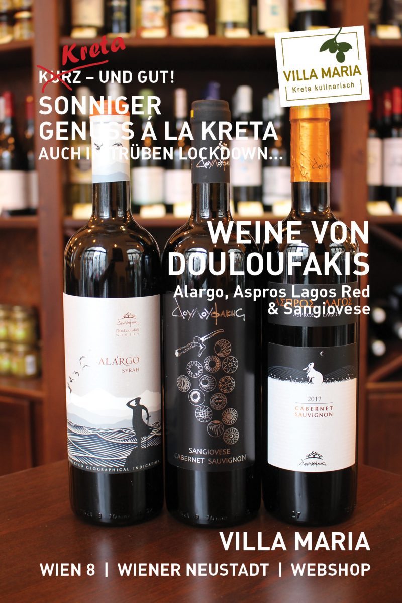 Sonniger Genuss á la Kreta – auch im trüben Lockdown…  Heute: Douloufakis Winery – Alargo, Aspros Lagos Red & Sangiovese