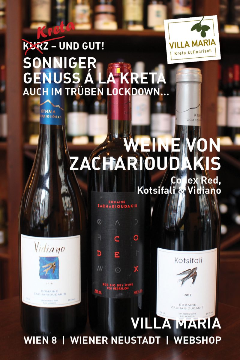 Sonniger Genuss á la Kreta – auch im trüben Lockdown…  Heute: Domaine Zacharioudakis – Bio-Codex Red, -Kotisfali & -Vidiano