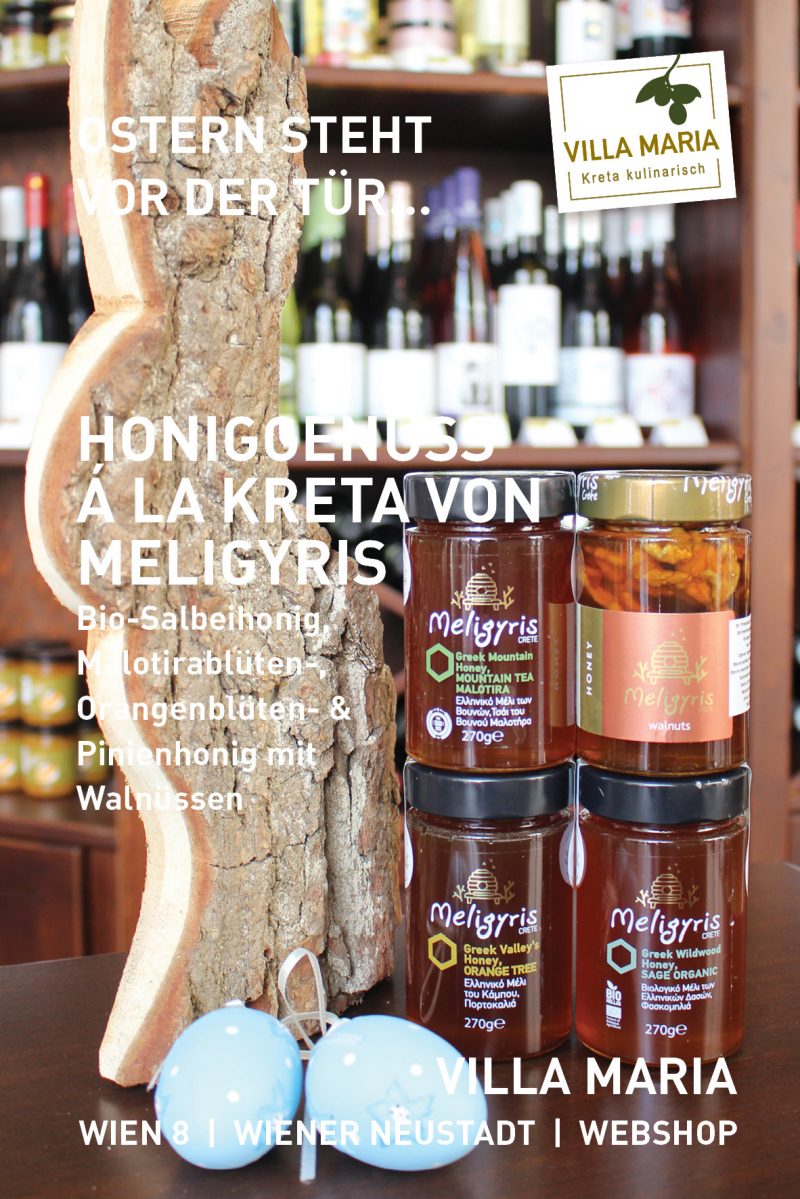 Ostern steht vor der Tür…  Honiggenuss á la Kreta von Meligyris: Bio-Salbeihonig, Malotirablüten-, Orangenblüten- & Pinienhonig mit Walnüssen