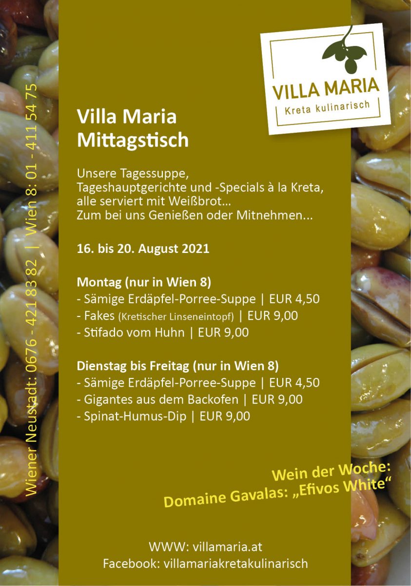 Diese Woche am Mittagstisch von Villa Maria | Kreta kulinarisch in Wien 8…