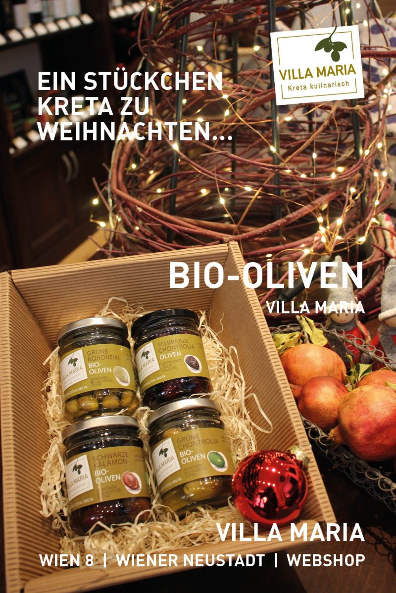 Ein Stückchen Kreta zu Weihnachten: Villa Maria – Bio-Oliven (Grüne Chontrolia, Kalamon, Koroneiki & Tsounati sowie Schwarze Kalamon)…