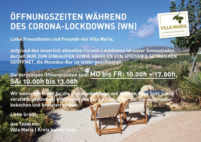Villa Maria | Kreta kulinarisch in Wiener Neustadt: ÖFFNUNGSZEITEN WÄHREND DES CORONA-LOCKDOWNS