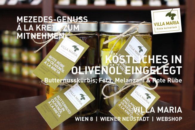 Mezedes-Genuss á la Kreta zum Mitnehmen: Köstliches in Olivenöl eingelegt – Butternusskürbis, Feta, Melanzani & Rote Rübe