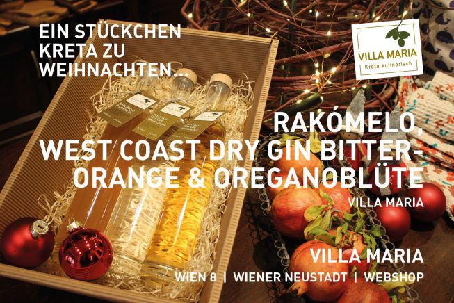 Ein Stückchen Kreta zu Weihnachten: Villa Maria – Rakómelo, West Coast Dry Gin mit kretischen Bitterorangenschalen & mit getrockneten Oreganoblüten aus Kreta…