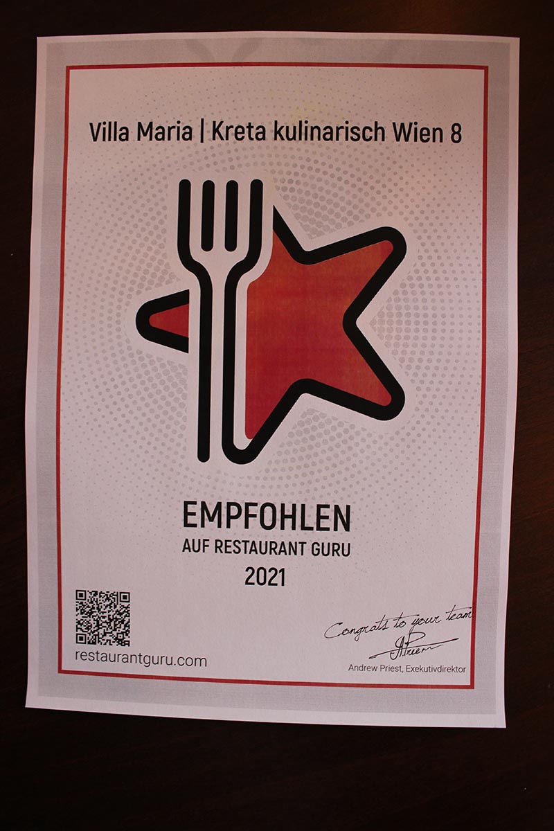 Es regnet Auszeichnungen: Villa Maria | Kreta kulinarisch in Wien 8 empfohlen auf „Restaurant Guru“ 2021