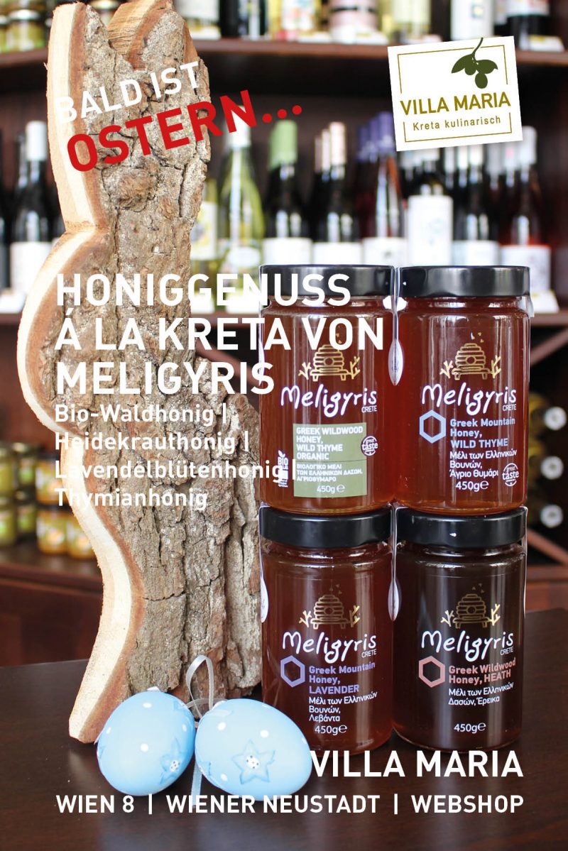 Bald ist Ostern: Honiggenuss á la Kreta von Meligyris: Bio-Waldhonig, Heidekraut-, Lavendelblüten- & Thymianhonig.