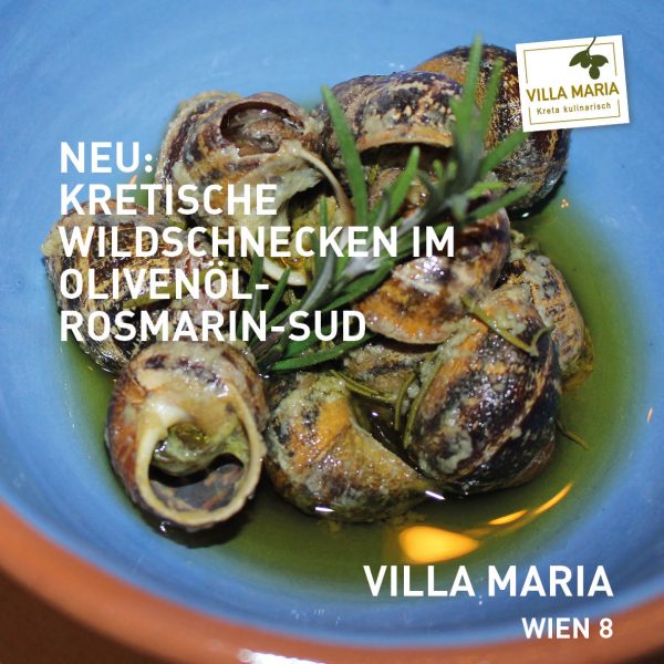 Neu: Kretische Wildschnecken im Olivenöl-Rosmarin-Sud (Chochliou Boubouristou)