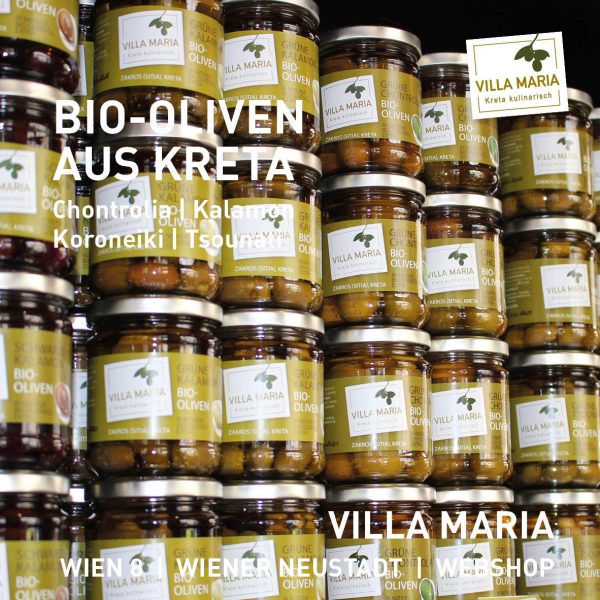 Sommerlicher Genuss á la Kreta: Villa Maria – Bio-Oliven: Chontrolia, Kalamon, Koroneiki & Tsounati.