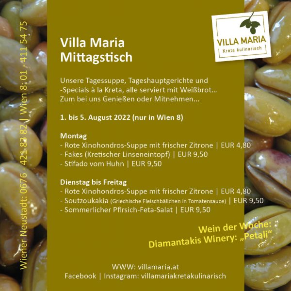 Diese Woche am Mittagstisch von Villa Maria | Kreta kulinarisch in Wien 8…