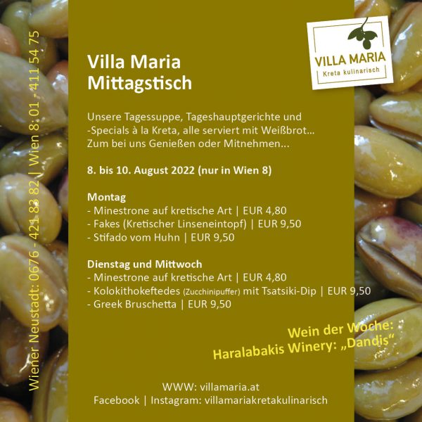 Diese Woche am Mittagstisch von Villa Maria | Kreta kulinarisch in Wien 8…