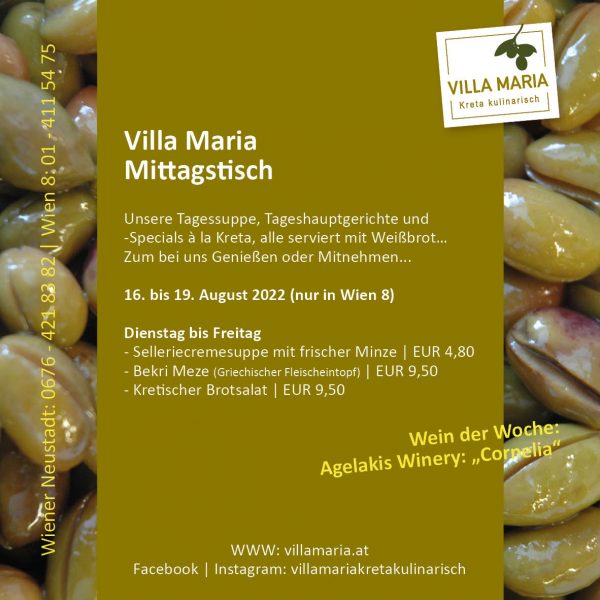 Diese Woche am Mittagstisch von Villa Maria | Kreta kulinarisch in Wien 8…