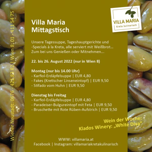 Diese Woche am Mittagstisch von Villa Maria | Kreta kulinarisch in Wien 8…