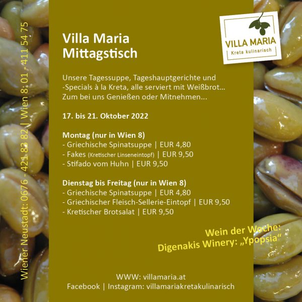 Diese Woche am Mittagstisch von Villa Maria | Kreta kulinarisch in Wien 8…
