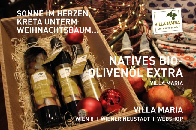 Sonne im Herzen, Kreta unterm Weihnachtsbaum: Villa Maria – Natives Bio-Olivenöl Extra.