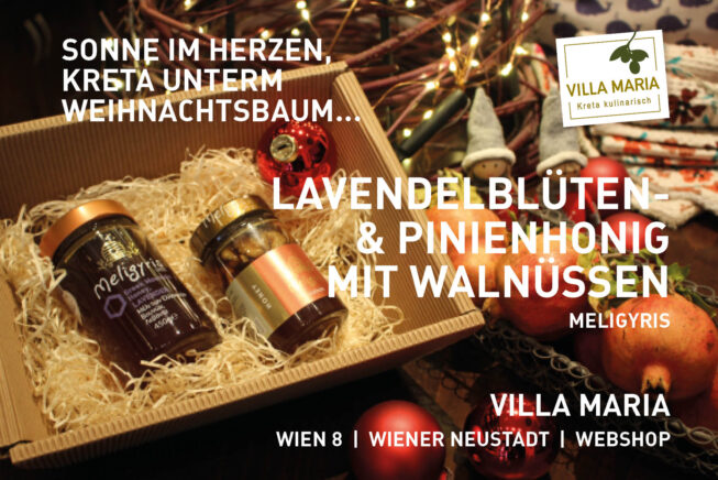 Sonne im Herzen, Kreta unterm Weihnachtsbaum: Meligyris – Lavendelblüten- & Pinienhonig mit Walnüssen.