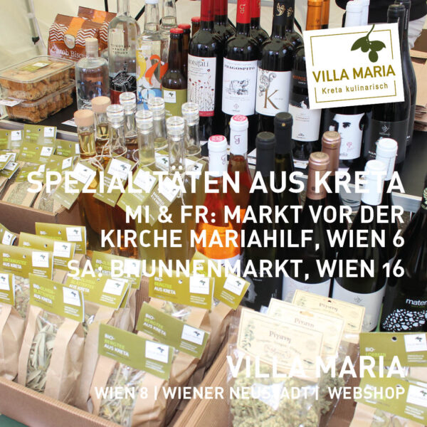 Spezialitäten aus Kreta diesen Mittwoch und Freitag am Markt vor der Kirche Mariahilf in Wien 6 sowie am Samstag am Brunnenmarkt in Wien 16.