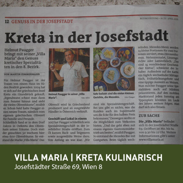 Villa Maria | Kreta kulinarisch in Wien 8 in der Wiener „Bezirkszeitung“.