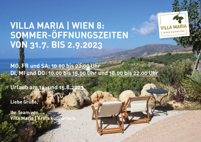 Villa Maria | Kreta kulinarisch in Wien 8: Sommer-Öffnungszeiten