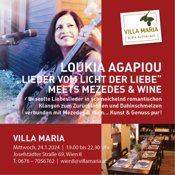 Mittwoch, 24. Jänner 2024, 19.00 Uhr: Loukia Agapiou: „Lieder vom Licht der Liebe“ Meets Mezedes & Wine in Wien 8