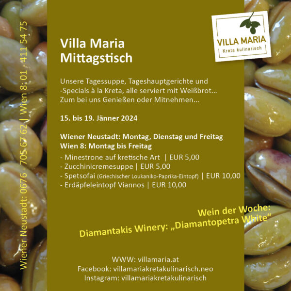 Diese Woche am Mittagstisch von Villa Maria | Kreta kulinarisch in Wien 8 und Wiener Neustadt…