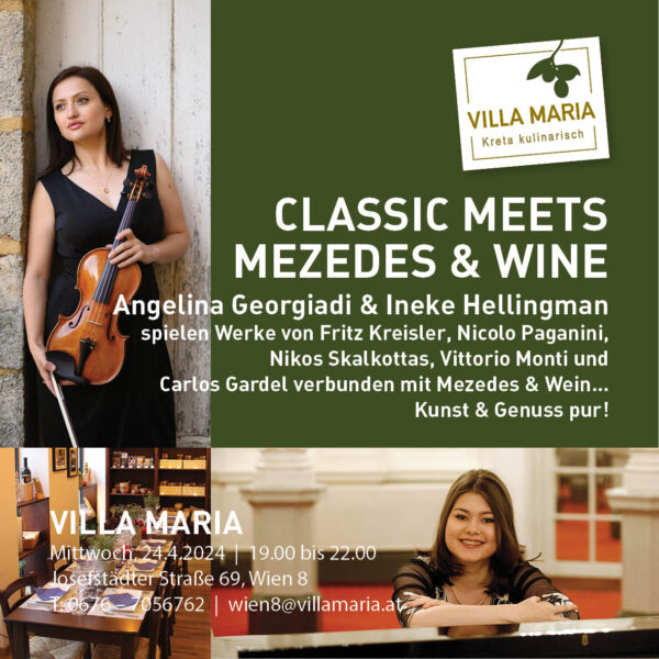 Mittwoch, 24. April 2024, 19.00 Uhr: Angelina Georgiadi & Ineke Hellingman: Classic Meets Mezedes & Wine in Wien 8