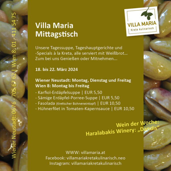 Diese Woche am Mittagstisch von Villa Maria | Kreta kulinarisch in Wien 8 und Wiener Neustadt.