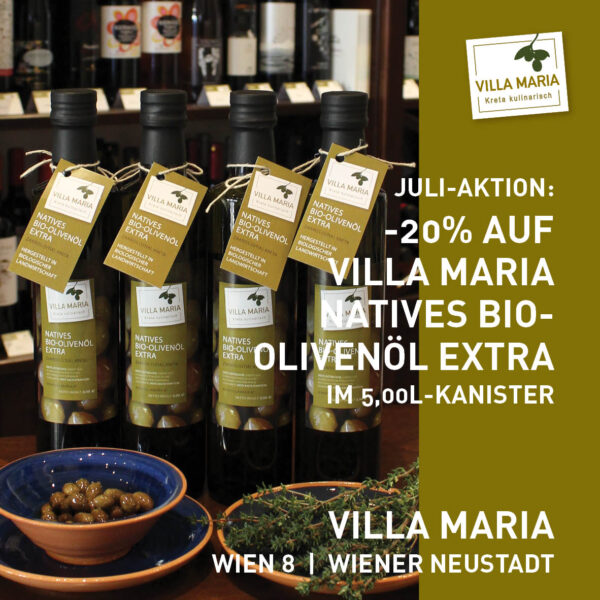 Juli-Aktion: -20% auf Villa Maria – Natives Bio-Olivenöl Extra im 5,00-Liter-Kanister. *)