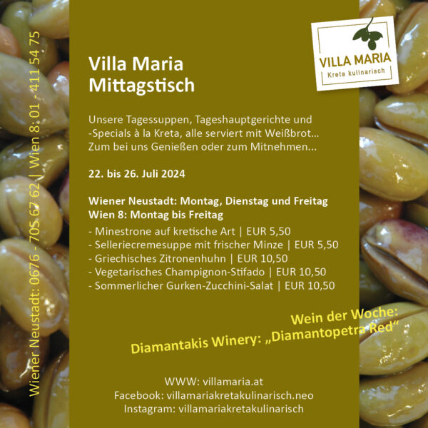 Diese Woche am Mittagstisch von Villa Maria | Kreta kulinarisch in Wien 8 und Wiener Neustadt.