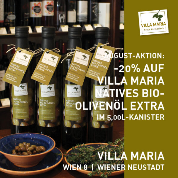 August-Aktion: -20% auf Villa Maria – Natives Bio-Olivenöl Extra im 5,00-Liter-Kanister. *)