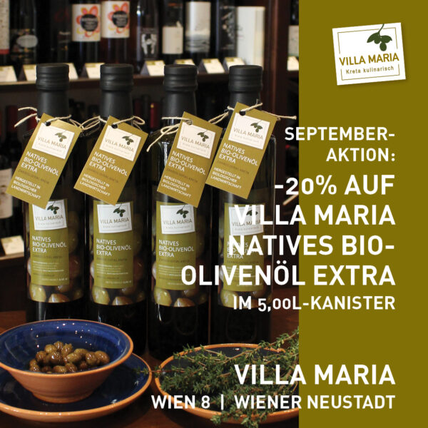 September-Aktion: -20% auf Villa Maria – Natives Bio-Olivenöl Extra im 5,00-Liter-Kanister. *)