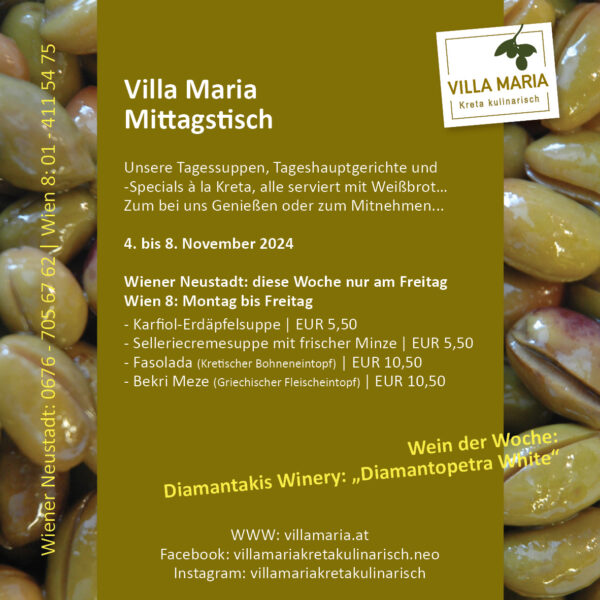 Diese Woche am Mittagstisch von Villa Maria | Kreta kulinarisch in Wien 8.