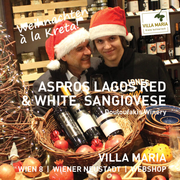Weihnachten à la Kreta: Aspros Lagos Red & White, Sangiovese – von Douloufakis Winery.