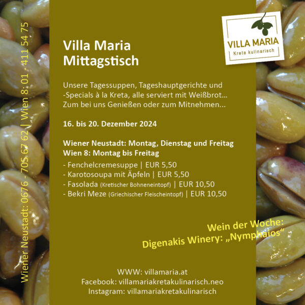 Diese Woche am Mittagstisch von Villa Maria | Kreta kulinarisch in Wiener Neustadt und Wien 8.