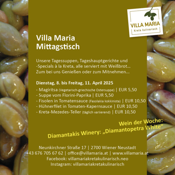 Diese Woche am Mittagstisch von Villa Maria | Kreta kulinarisch in Wiener Neustadt.