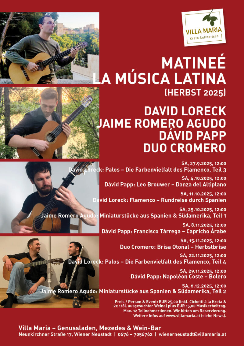 Save the dates: Matineé La Música Latina (Herbst 2025): David Loreck, Jaime Romero Agudo, Dávid Papp und Duo Cromero verzaubern mit Gitarrenklängen aus Spanien und Lateinamerika.